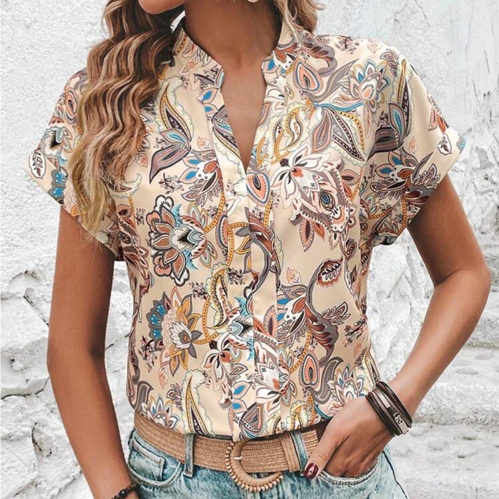 Floral Paisley Short-Sleeve Button Front Top - Beige